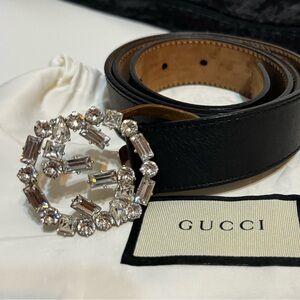 Gucci GG Thin Silver Leather Belt Crystal Buckle